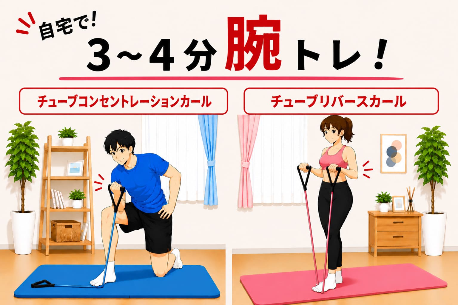 自宅で！3~4分腕トレ！チューブコンセントレーションカール＆チューブリバースカール