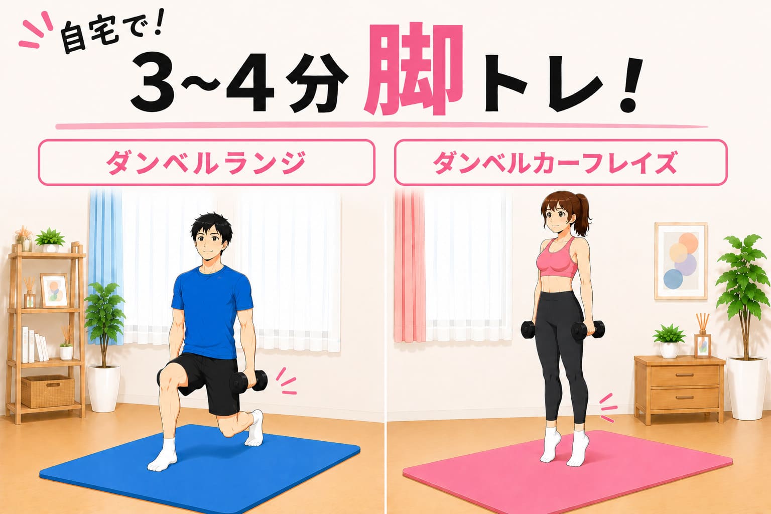 自宅で！3~4分脚トレ！ダンベルランジ＆ダンベルカーフレイズ