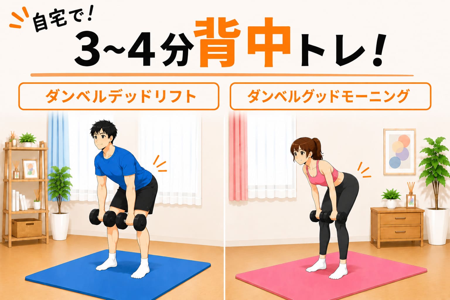 自宅で！3~4分背中トレ！ダンベルデッドリフト＆ダンベルグッドモーニング