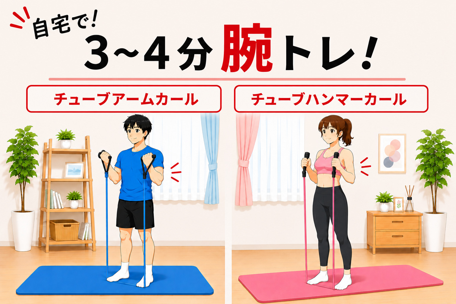 自宅で！3~4分腕トレ！チューブアームカール＆チューブハンマーカール